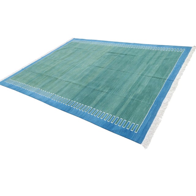 Mid-Century Modern Handmade Green and Blue Geometric Cotton Rug-12'x15' For Sale - Image 3 of 11