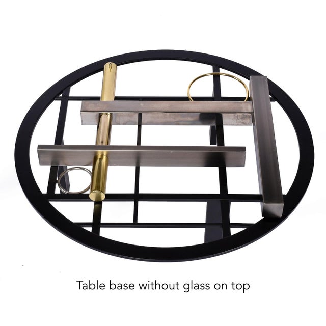 1980s Kaizo Oto Gold Black and Steel Art Deco Inspired Round Glass Top Coffee Table For Sale - Image 5 of 9