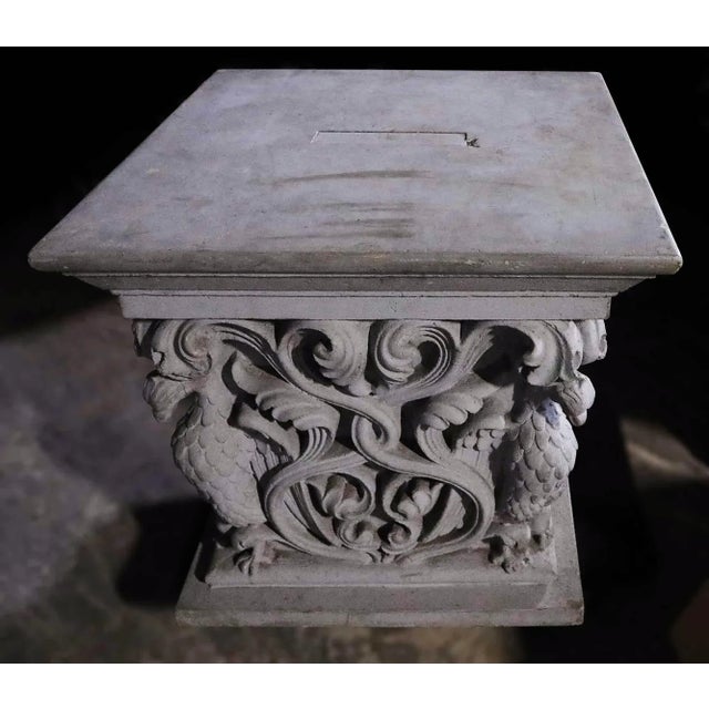 Early 20th century elaborate Neo-Romanesque style cast stone table or pedestal base. Foliate and fowl design. Circa 1920's.