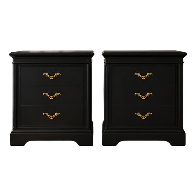 Pair of Vintage Black Painted French Provincial 3-Drawer Nightstands With Gilded Brass Hardware For Sale