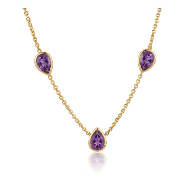 Amethyst Tri-Stone Pear Station Necklace, Febraury Birthstone Dainty Necklace For Sale