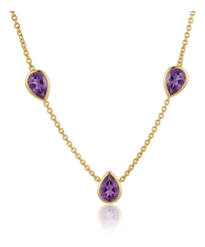 Amethyst Tri-Stone Pear Station Necklace, Febraury Birthstone Dainty Necklace