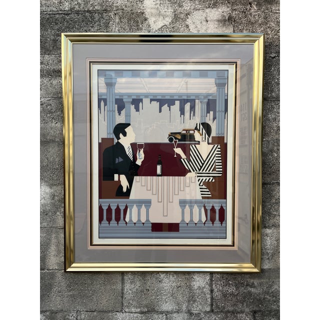 Large 1980s Art Deco Revival Framed Silkscreen "Rendezvous" Signed by the Artist. Signed and numbered in pencil by Del...