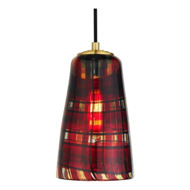 Tartan by Oggetti Mouth-Blown Venetian Glass Pendant Light, Red, Gunmetal For Sale
