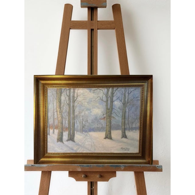 Impressionist Oil Painting by Oyert Olsen 1933 a Beautiful Winters Day in the Wood. Oil on Canvas - Original Gold Gilded Wood Frame. For Sale - Image 10 of 10