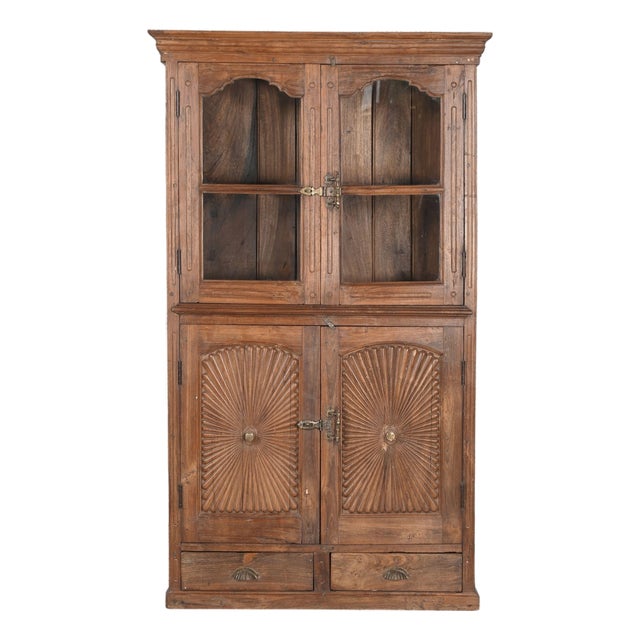 Antique Indian Glass Armoire | Teak Wood Cabinet | Vintage Glass Display Cabinet | Rustic Home Decor For Sale