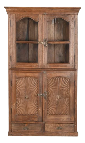 Antique Indian Glass Armoire | Teak Wood Cabinet | Vintage Glass Display Cabinet | Rustic Home Decor