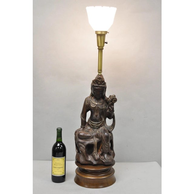 Vintage Buddhist Kuan Yin Brown Ceramic Sculpture Figure Table Lamp W/ Shade For Sale - Image 4 of 18
