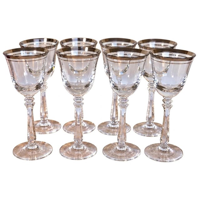 1970s Vintage Mikasa Silver Mist 57618 Cordial Glasses Platinum Rim Set of 8, 1979-87 For Sale - Image 5 of 15