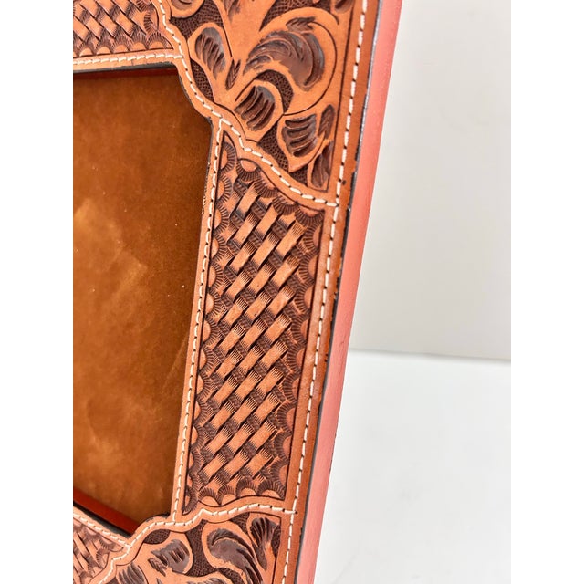 Brown 1970s Southwestern Tooled Leather Picture Frame With Croc Embossed Accents For Sale - Image 8 of 10