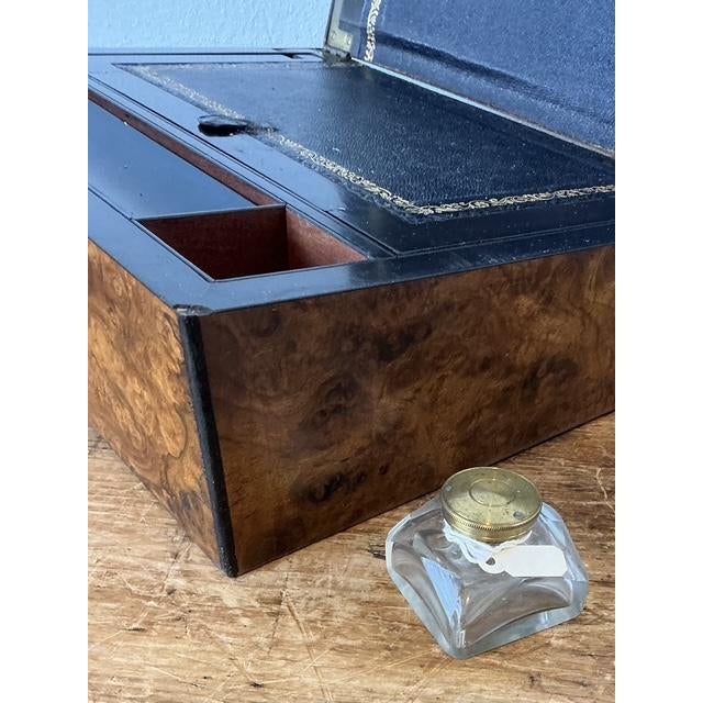 Vintage Brass Inlay Burl Wood Traveling Writing Desk Box For Sale - Image 10 of 11