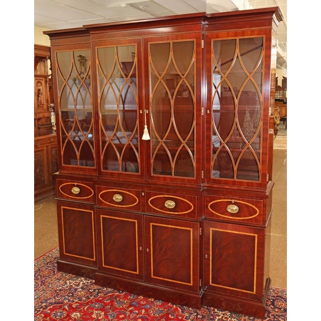 Kindel Furniture 1990s Kindel Masterworks Winterthur Mahogany Inlaid Bookcase Cabinet Breakfront For Sale - Image 4 of 18