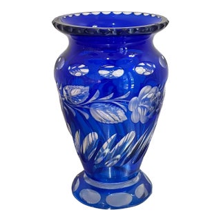 Art Deco Blue Glass Fluted Cut-to-Clear Vase For Sale