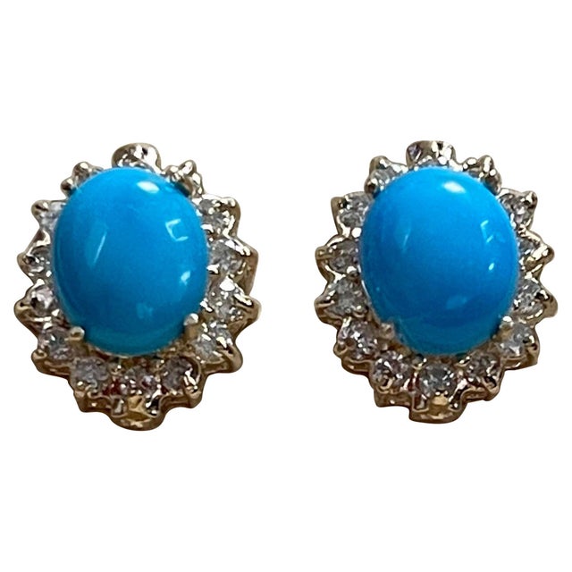 Arts & Crafts 8 Ct Oval Sleeping Beauty Turquoise 1.5ct Diamond Stud Earrings 14 K Yellow Gold For Sale - Image 3 of 18