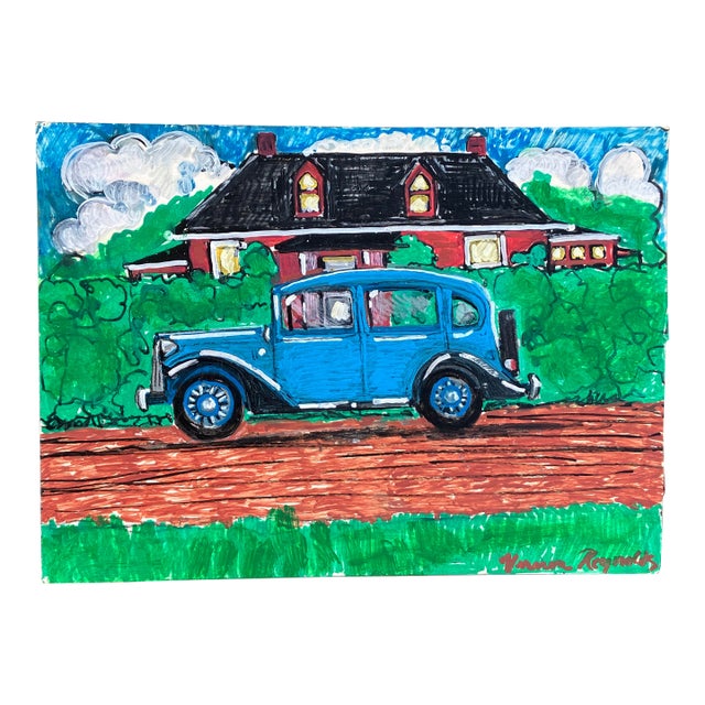 Late 20th Century The Blue Town Car - Original Oil / Marker on Board - Vernon Reynolds For Sale