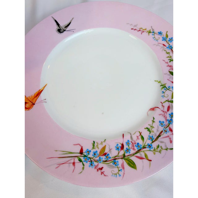 Late 19th Century Antique French Floral & Butterfly Pink Limoges Porcelain Dinner Plates – Set of 10 For Sale - Image 5 of 8