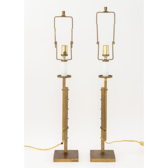 Pair of Ralph Lauren Adjustable Brass Table Lamps, marked to side of square bases. Shortest height: 30.75" H x 5.5" W x...