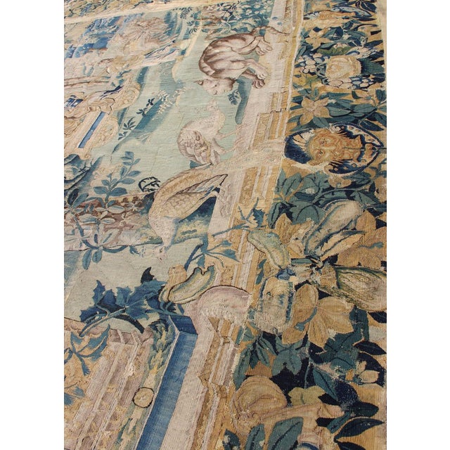 Measures: 9' x 10'. Mid-18th century antique Beauvais tapestry with woodland scene and floral border, rug 19-0508, country...