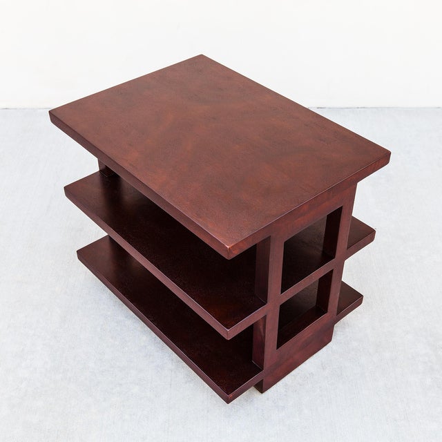 Restored three-tier mahogany occasional table by Edward Wormley, Model 4423, produced by Dunbar in Indiana c. late 1940s....