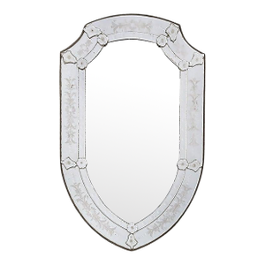 Mid 20th Century Venetian Wheel Cut "Shield" Form Wall Mirror Backed in Wood, Ready to Hang