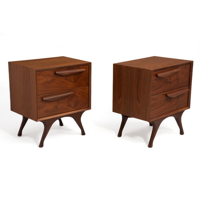 A sculptural pair of Mid Century nightstands, part of a four piece bedroom set we have for sale in a separate listing. The...