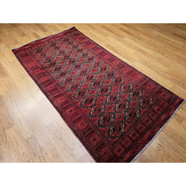 Textile Vintage Turkmen Area Rug, Hand-Knotted Wool, Allover Geometric Pattern, Pistachio Green & Red, 4x8 For Sale - Image 7 of 18