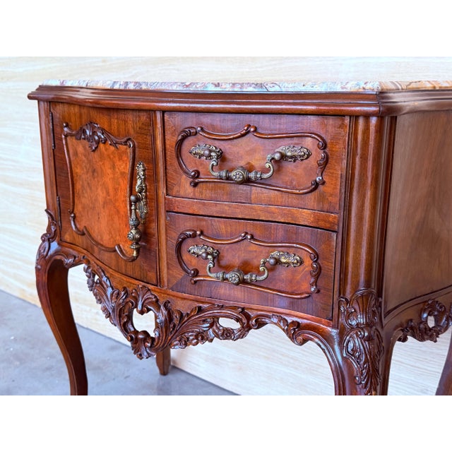 Carved French Nightstands with doors and Marble Top, 1930s, Set of 2 For Sale - Image 9 of 18