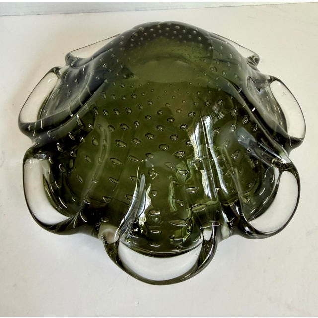 Murano Style Olive Green Bullicante Art Glass Bowl Trinket Dish Ashtray For Sale - Image 10 of 10