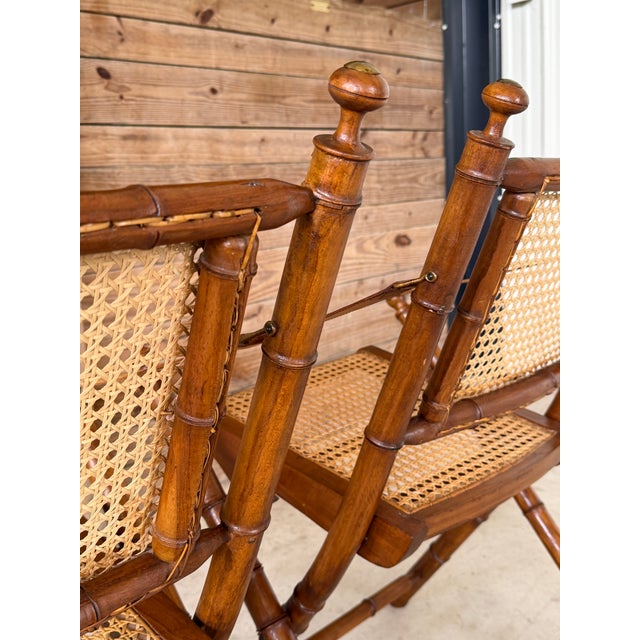 Mid-20th Century English Campaign Faux Bamboo Folding Sling Armchairs With Cane Seats – Pair For Sale - Image 9 of 12