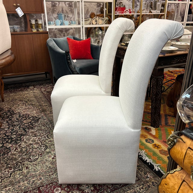 Post Modern Linen Covered Roll Back Chairs 8 Pieces Available For Sale - Image 4 of 9