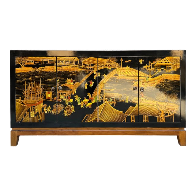 Black Golden Scenery Graphic Sideboard Buffet Console Table Cabinet For Sale