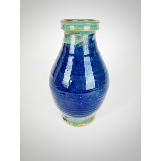 Mid-Century Modern Vintage Studio Pottery Vase - Turquoise & Cobalt Glazed Stoneware - MCM Style For Sale - Image 3 of 8