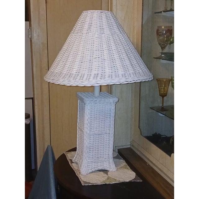Wood Vintage Boho Woven Wicker Rattan Table Lamp With Large Wicker Shade For Sale - Image 7 of 10