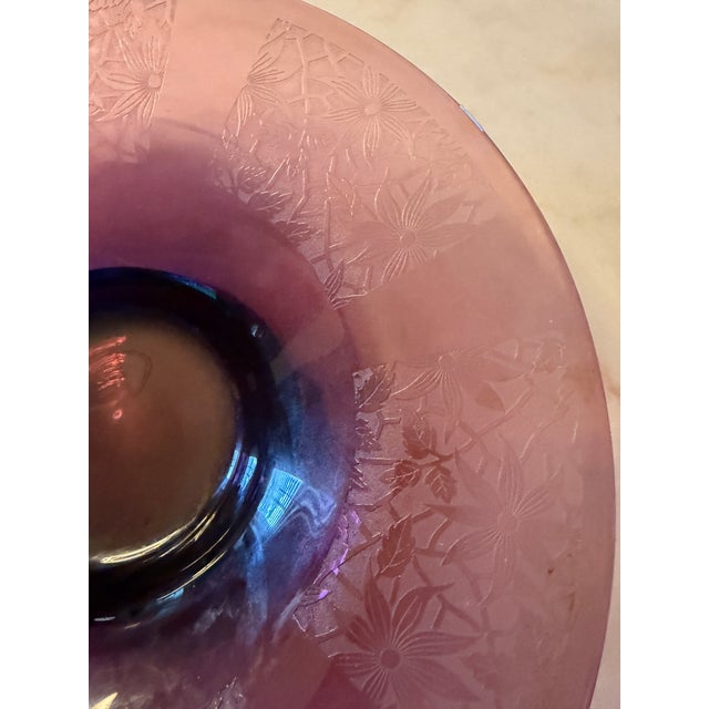 1930s Amethyst Glass Centerpiece Bowl, Large 14.5" Vintage Purple Console Bowl, Acid Etched Floral Art Deco Lattice For Sale - Image 11 of 14