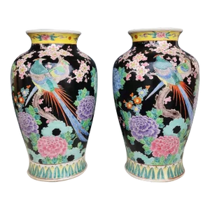 Pair of Large Mid-Century Japanese Famille Noire Vases