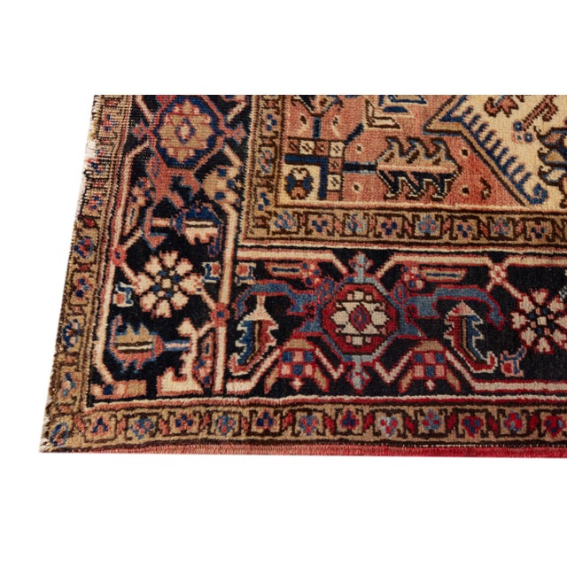 1920s Handmade Antique Medallion Heriz Wool Rug in Red For Sale - Image 4 of 7