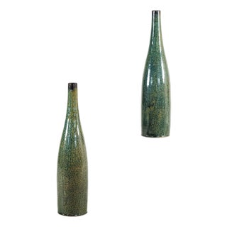 Tall Green Glazed Ceramic Bottle-Shaped Vases with Narrow Necks - A Pair For Sale