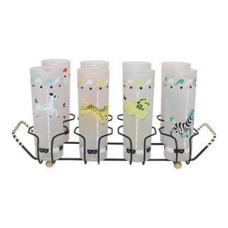 Set of Eight Vintage Frosted Glasses With Animal Carousel Motif by Libbey With Carrier For Sale