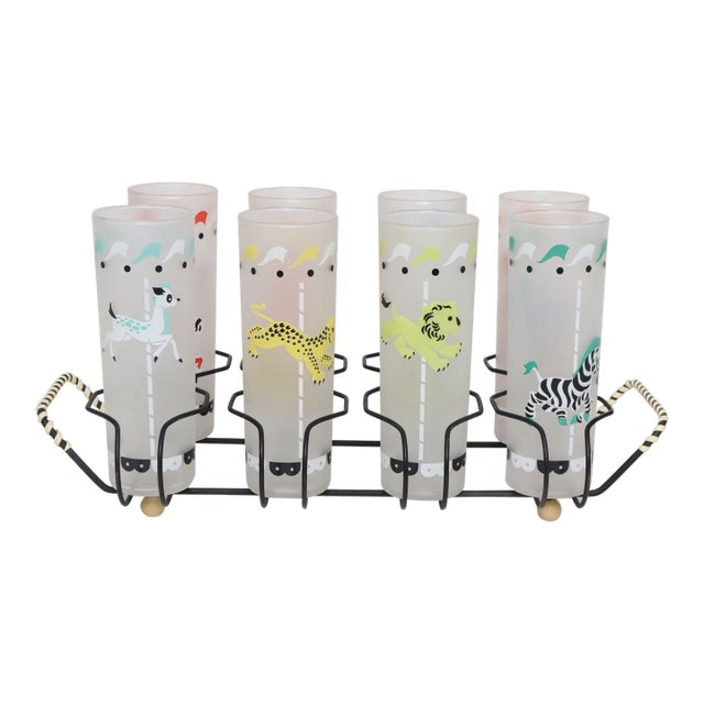 Set of Eight Vintage Frosted Glasses With Animal Carousel Motif by Libbey With Carrier For Sale