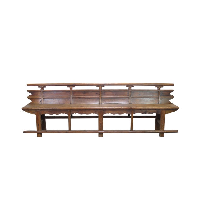 Antique 111" Elm Wood Bench With Tiered Backrest For Sale In Greensboro - Image 6 of 13