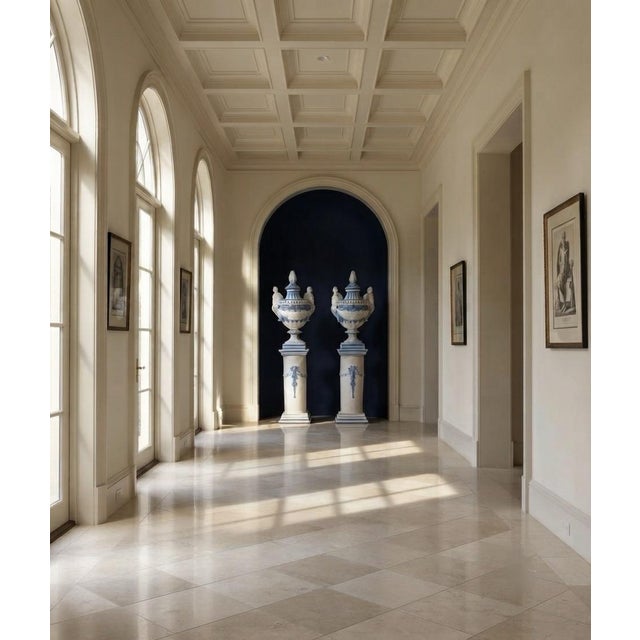 Pair of Vintage Monumental 79” Italian Blue & White Glazed Ceramic Lidded Urns on Pedestals For Sale - Image 11 of 12
