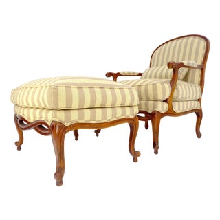 Carved Cherry Frame Stripe Upholstery Lounge Chair w/ Matching Ottoman MINT For Sale
