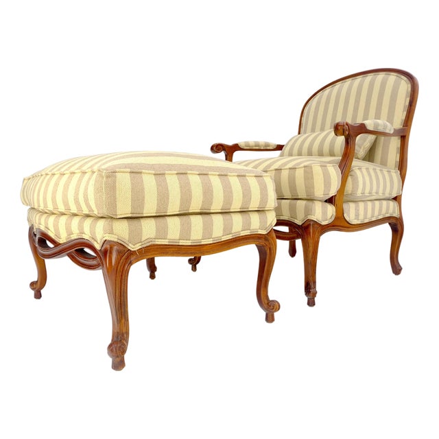 Carved Cherry Frame Stripe Upholstery Lounge Chair w/ Matching Ottoman MINT For Sale