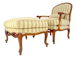 Carved Cherry Frame Stripe Upholstery Lounge Chair w/ Matching Ottoman MINT