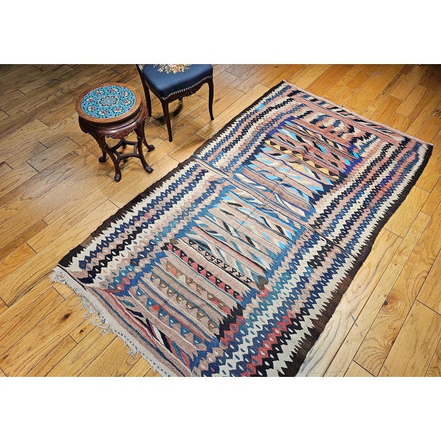 1900 - 1909 Antique Kurdish Bidjar Tribal Kilim Rug, Handwoven Wool, Stripe Pattern, Turquoise & Yellow, 5x9 For Sale - Image 5 of 15