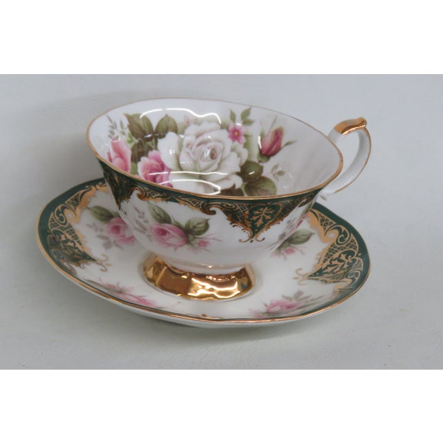 Late 20th Century Staffordshire Elizabethan Green Bone China Cabbage Roses Tea Cup & Saucer 4648b For Sale - Image 5 of 12