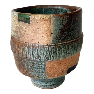 1990s Hand-Crafted Postmodern Studio Art Pottery Vase in Green, Brown, Tan