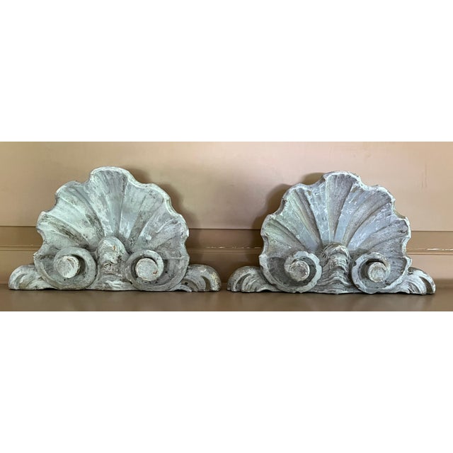 Antique 18th century French rococo carved and paint decorated wood sea shell architectural cornice elements. Deep carving...