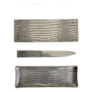 French Pewter Crocodile Embossed Desk Set - Set of 3 For Sale