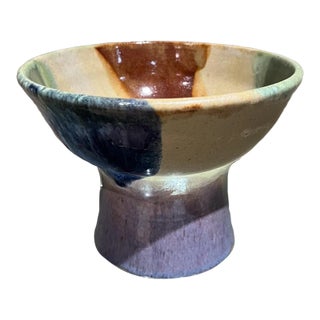 1970s Art Pottery Drip Glazed Pedestal Bowl For Sale